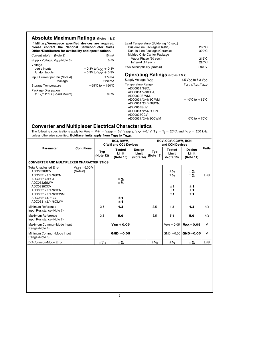 Absolute maximum ratings, Operating ratings | Rainbow Electronics ADC0838 User Manual | Page 2 / 32