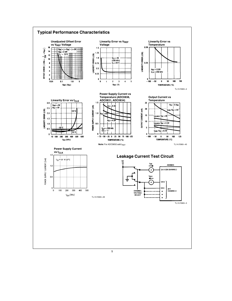Typical performance characteristics, Leakage current test circuit | Rainbow Electronics ADC0838 User Manual | Page 5 / 32