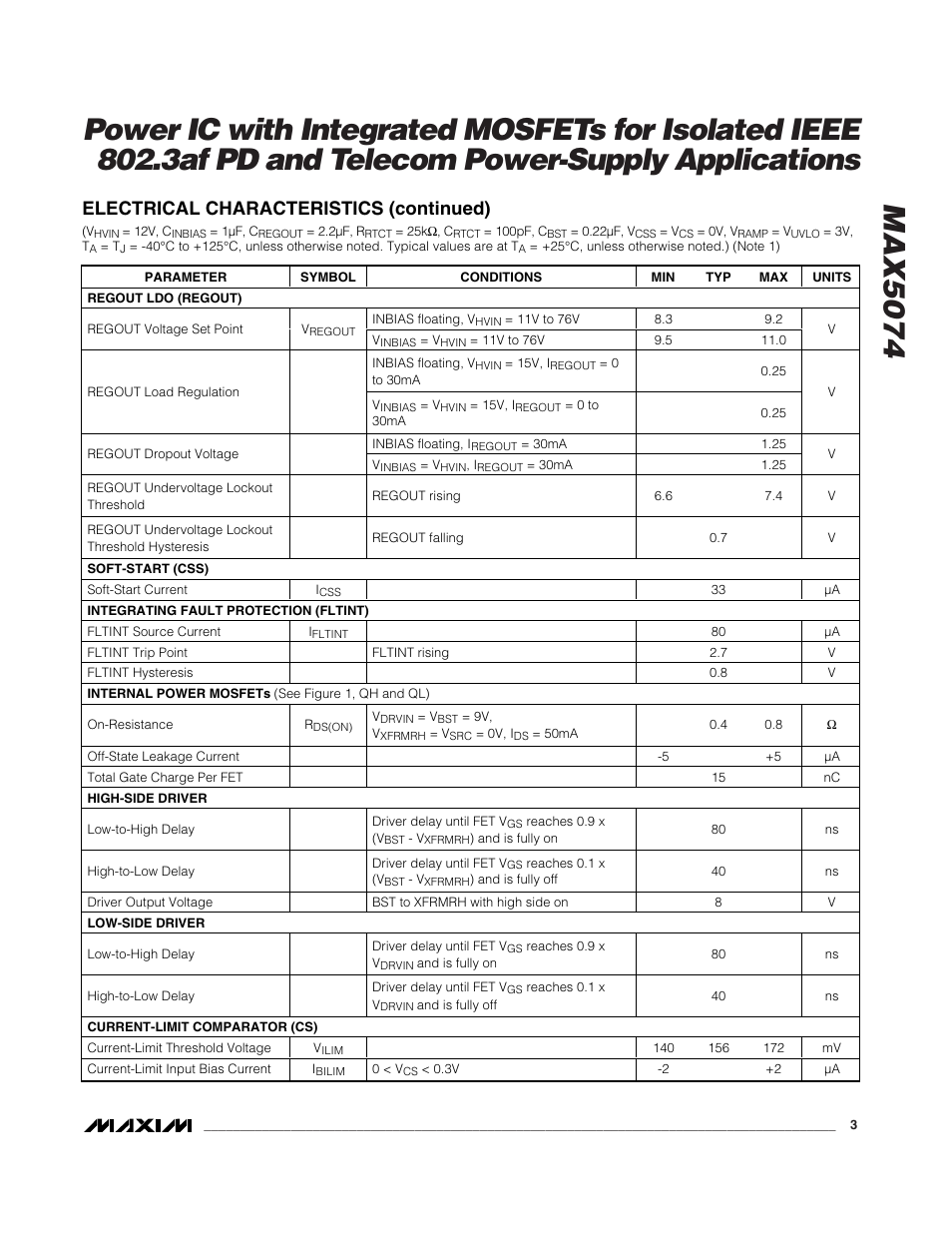 Electrical characteristics (continued) | Rainbow Electronics MAX5074 User Manual | Page 3 / 13