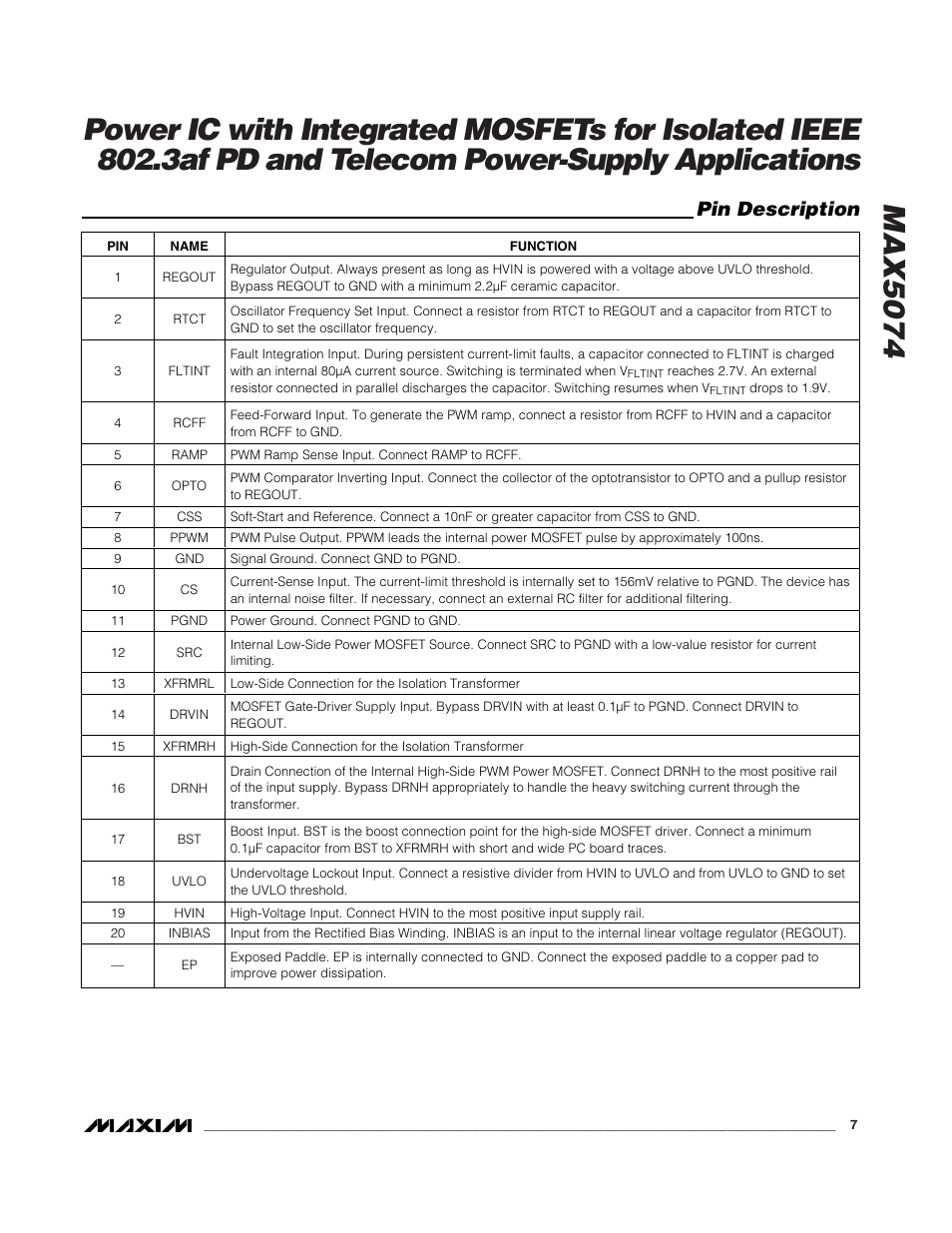 Pin description | Rainbow Electronics MAX5074 User Manual | Page 7 / 13