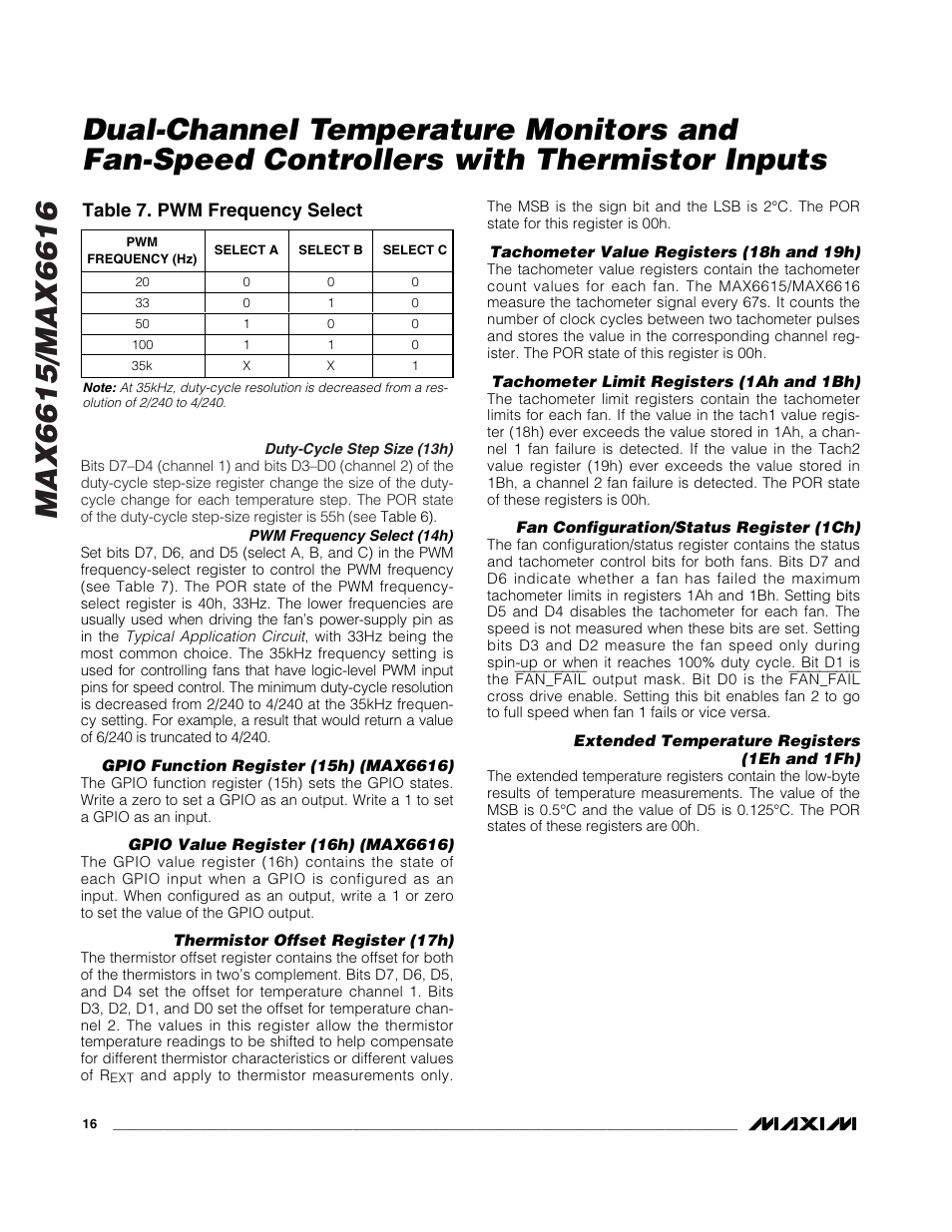 Table 7. pwm frequency select | Rainbow Electronics MAX6616 User Manual | Page 16 / 20