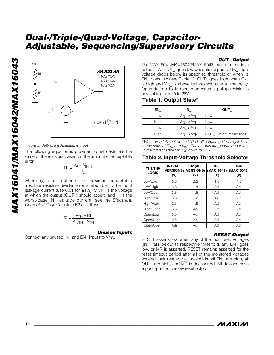 Table 1. output state, Table 2. input-voltage threshold selector | Rainbow Electronics MAX16043 User Manual | Page 10 / 15