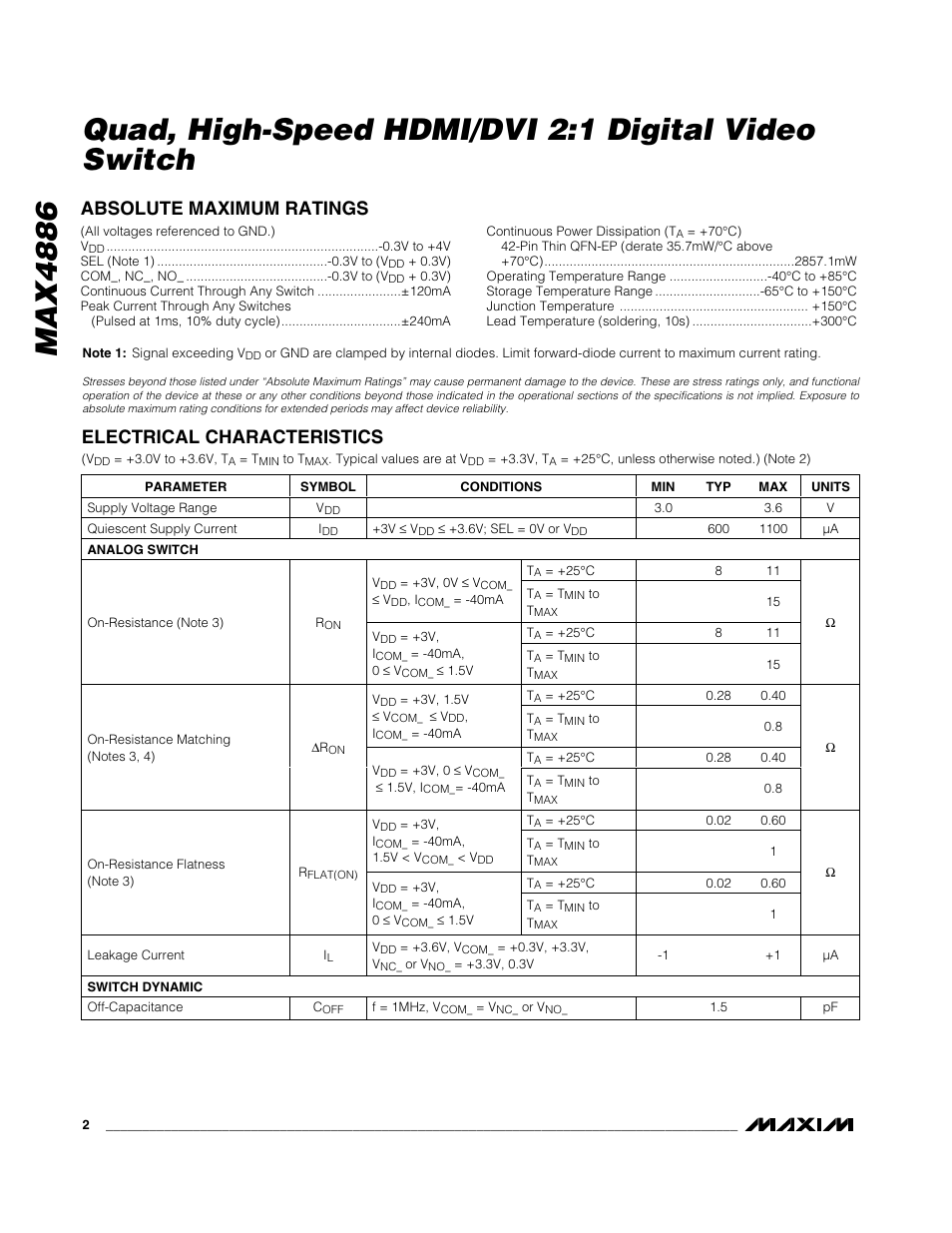 Absolute maximum ratings, Electrical characteristics | Rainbow Electronics MAX4886 User Manual | Page 2 / 12