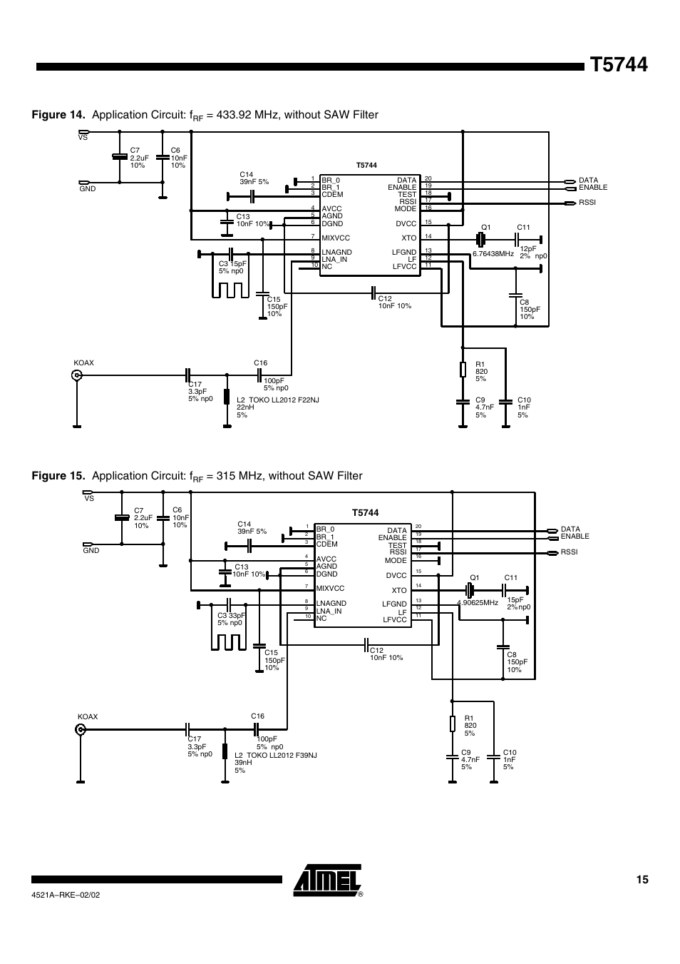 T5744, Figure 14. application circuit: f, 315 mhz, without saw filter | Rainbow Electronics T5744 User Manual | Page 15 / 19