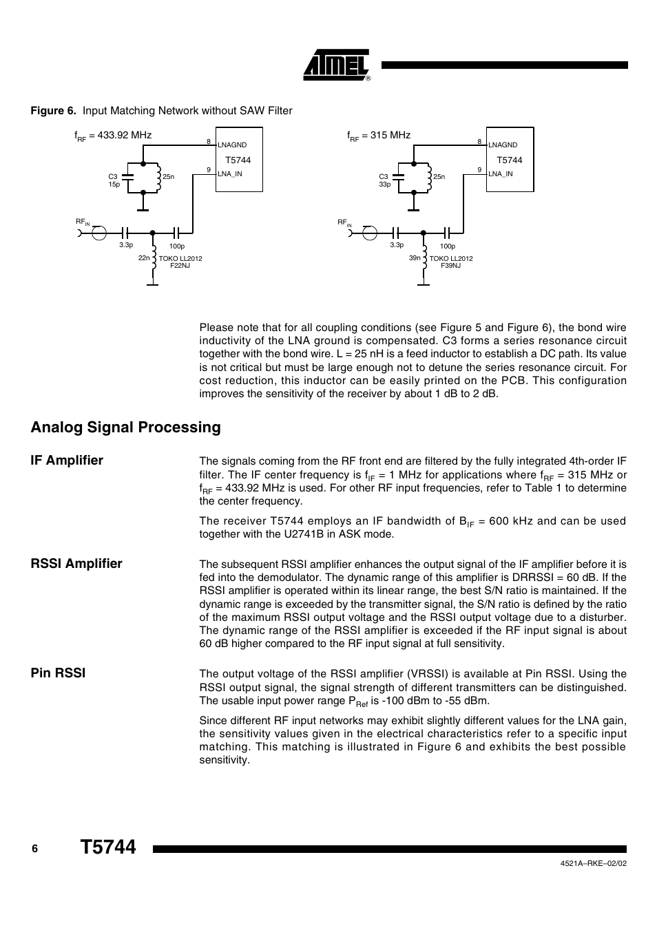 T5744, Analog signal processing, If amplifier | Rssi amplifier, Pin rssi | Rainbow Electronics T5744 User Manual | Page 6 / 19