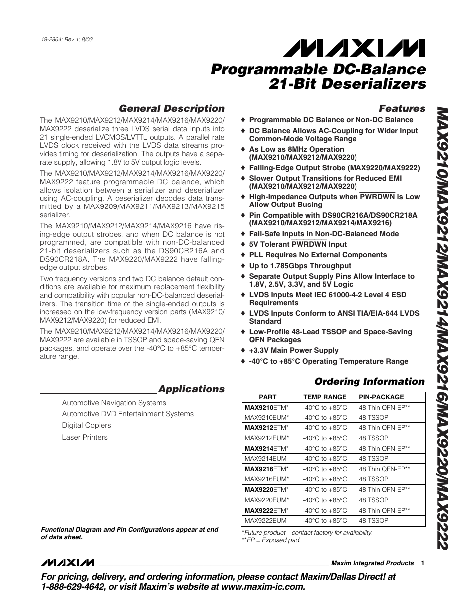 Rainbow Electronics MAX9216 User Manual | 17 pages