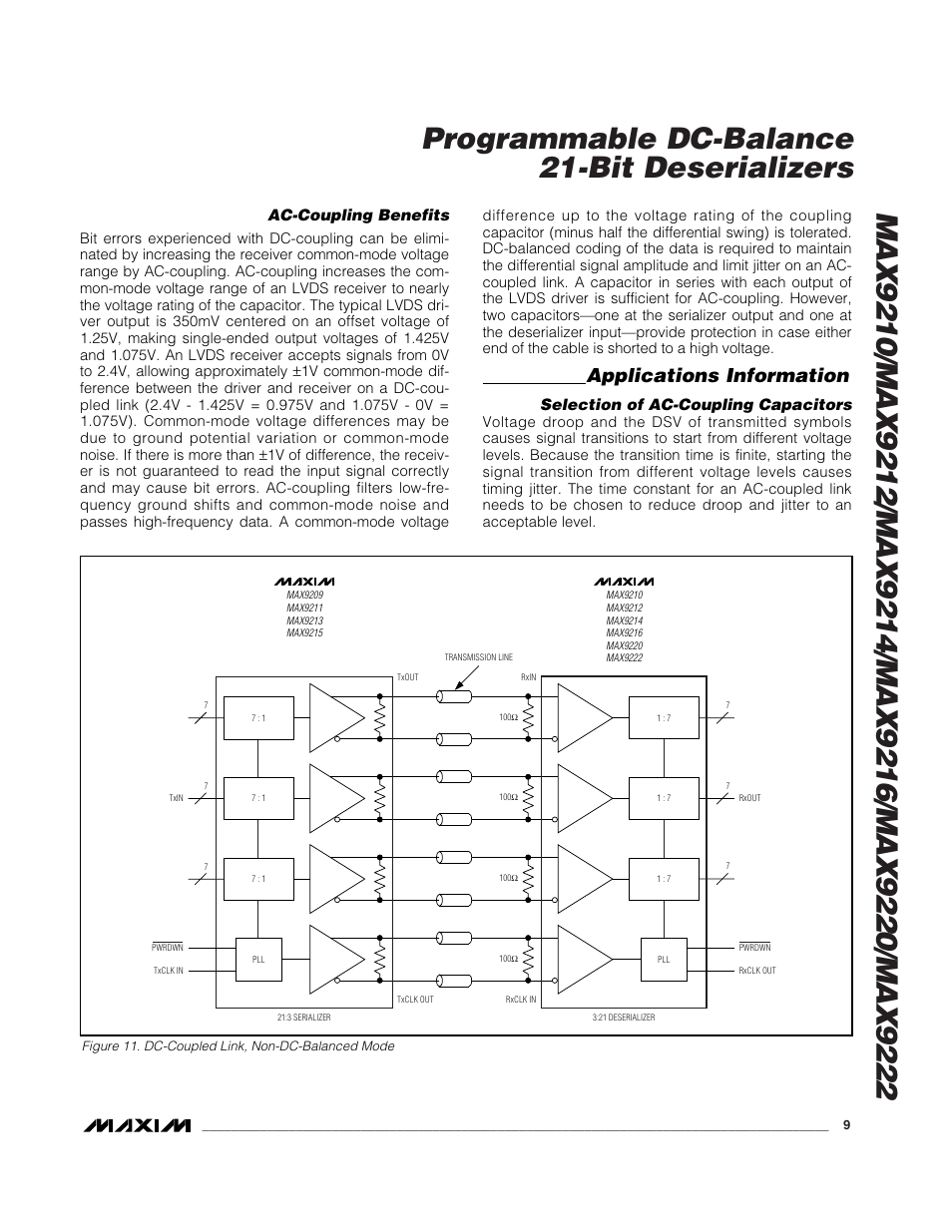 Applications information, Ac-coupling benefits, Selection of ac-coupling capacitors | Rainbow Electronics MAX9216 User Manual | Page 9 / 17