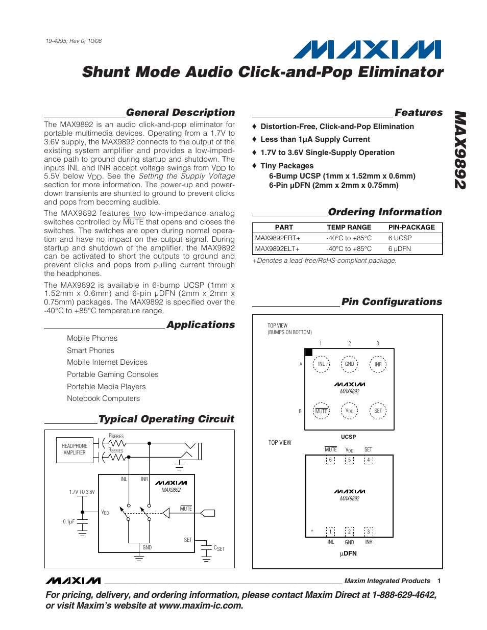 Rainbow Electronics MAX9892 User Manual | 9 pages