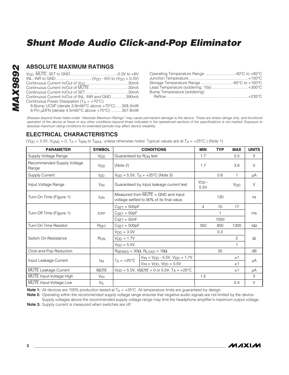 Max9892 shunt mode audio click-and-pop eliminator | Rainbow Electronics MAX9892 User Manual | Page 2 / 9