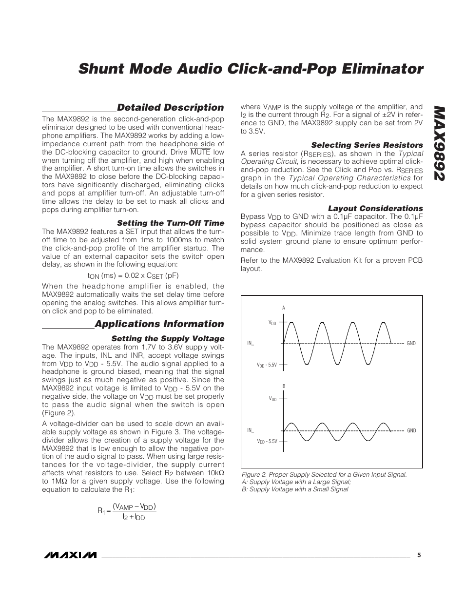 Max9892 shunt mode audio click-and-pop eliminator, Detailed description, Applications information | Rainbow Electronics MAX9892 User Manual | Page 5 / 9
