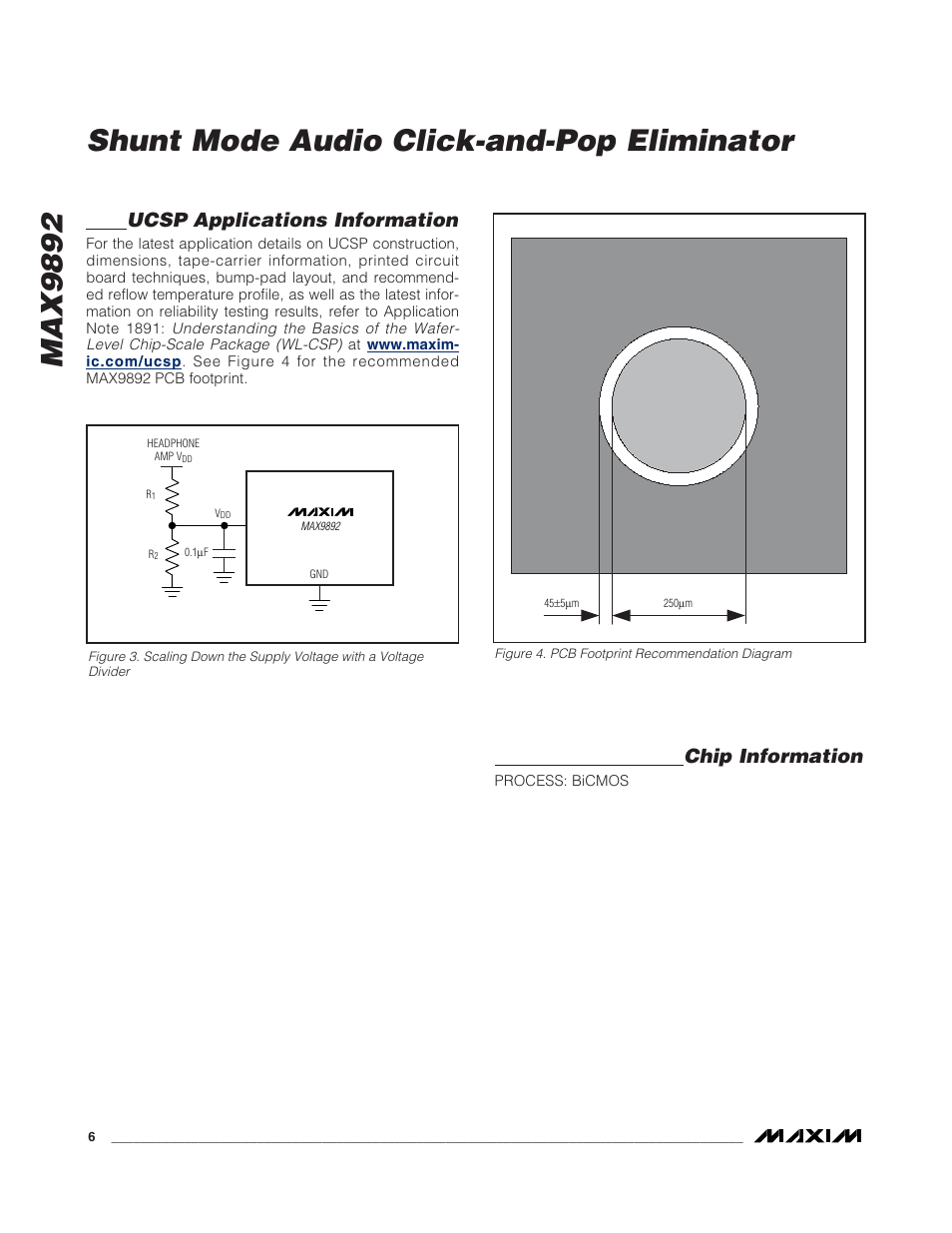 Max9892, Shunt mode audio click-and-pop eliminator, Ucsp applications information | Chip information | Rainbow Electronics MAX9892 User Manual | Page 6 / 9
