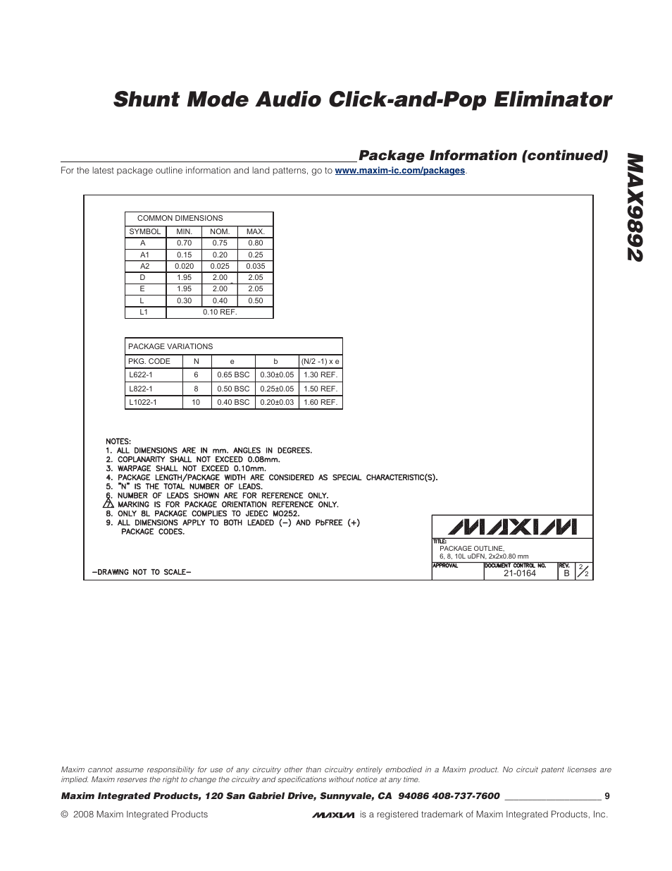 Max9892 shunt mode audio click-and-pop eliminator, Package information (continued) | Rainbow Electronics MAX9892 User Manual | Page 9 / 9