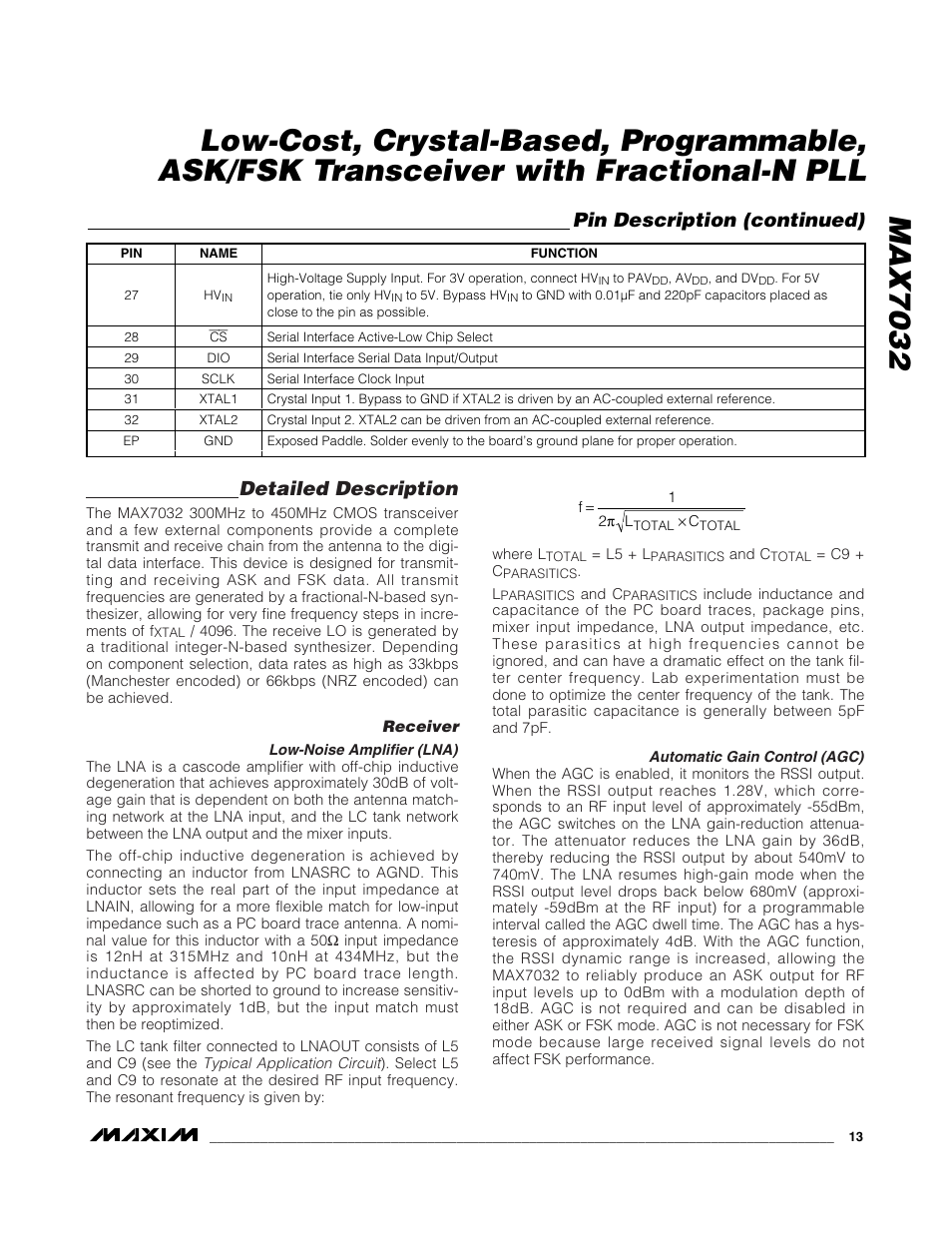 Detailed description, Pin description (continued) | Rainbow Electronics MAX7032 User Manual | Page 13 / 32