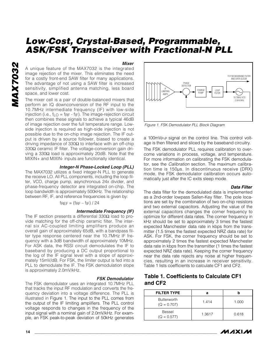 Table 1. coefficients to calculate cf1 and cf2 | Rainbow Electronics MAX7032 User Manual | Page 14 / 32