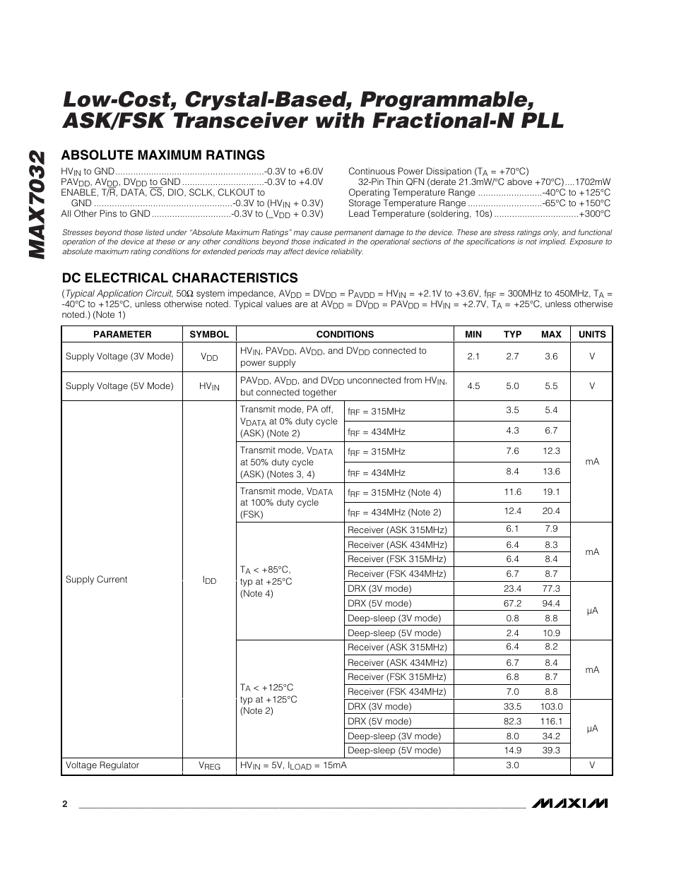 Absolute maximum ratings, Dc electrical characteristics | Rainbow Electronics MAX7032 User Manual | Page 2 / 32