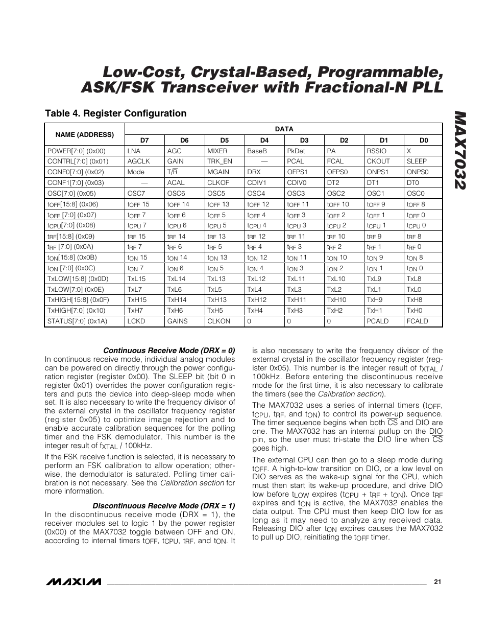 Table 4. register configuration | Rainbow Electronics MAX7032 User Manual | Page 21 / 32