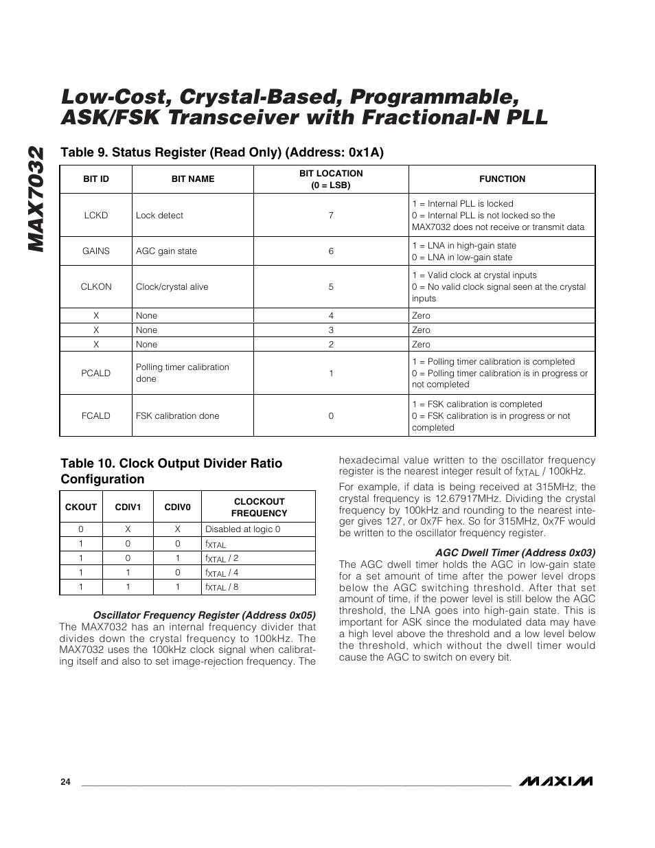 Table 10. clock output divider ratio configuration | Rainbow Electronics MAX7032 User Manual | Page 24 / 32