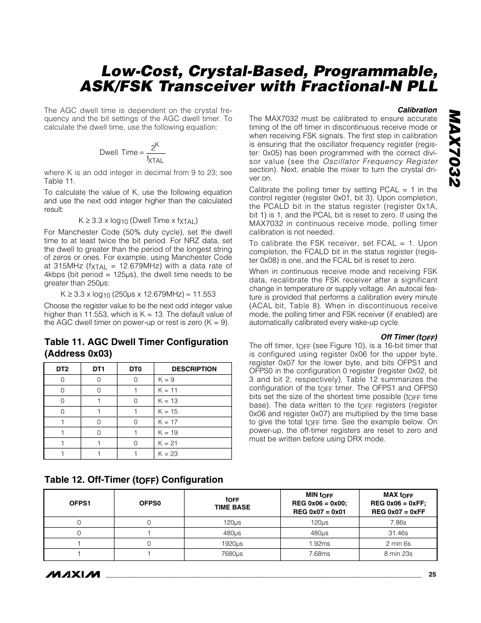 Table 12. off-timer (t, Configuration | Rainbow Electronics MAX7032 User Manual | Page 25 / 32