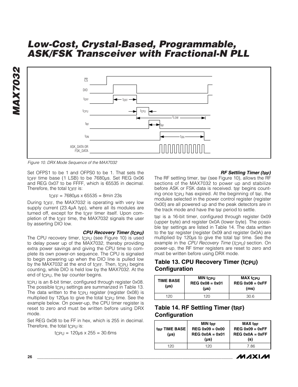 Table 13. cpu recovery timer (t, Configuration, Table 14. rf settling timer (t | Rainbow Electronics MAX7032 User Manual | Page 26 / 32