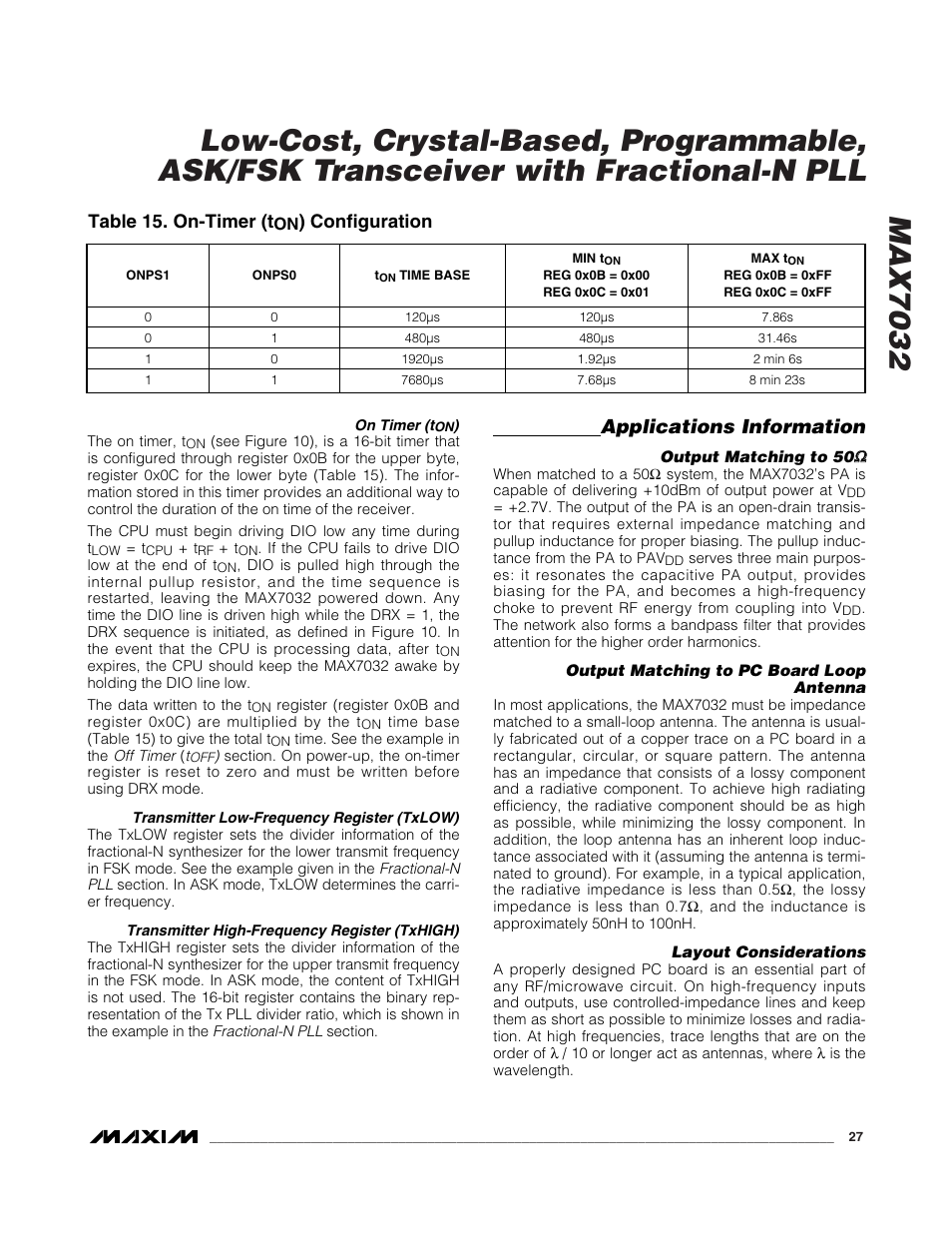 Applications information, Table 15. on-timer (t, Configuration | Rainbow Electronics MAX7032 User Manual | Page 27 / 32