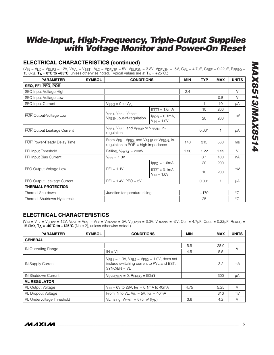 Electrical characteristics (continued), Electrical characteristics | Rainbow Electronics MAX8514 User Manual | Page 5 / 35