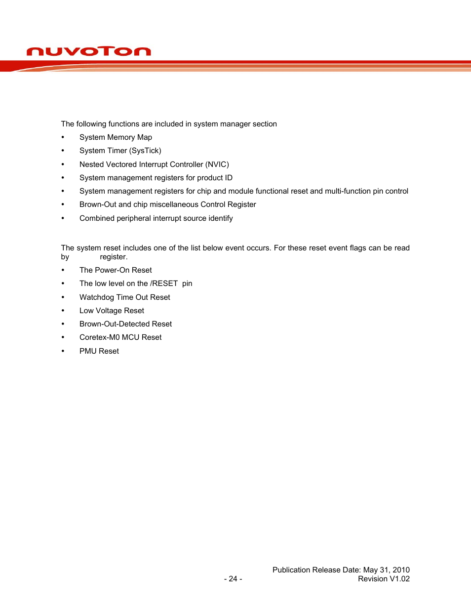 2 system manager, 1 overview, 2 system reset | System manager, Overview, System reset, Nuc120 series data sheet | Rainbow Electronics NUC120 User Manual | Page 24 / 71