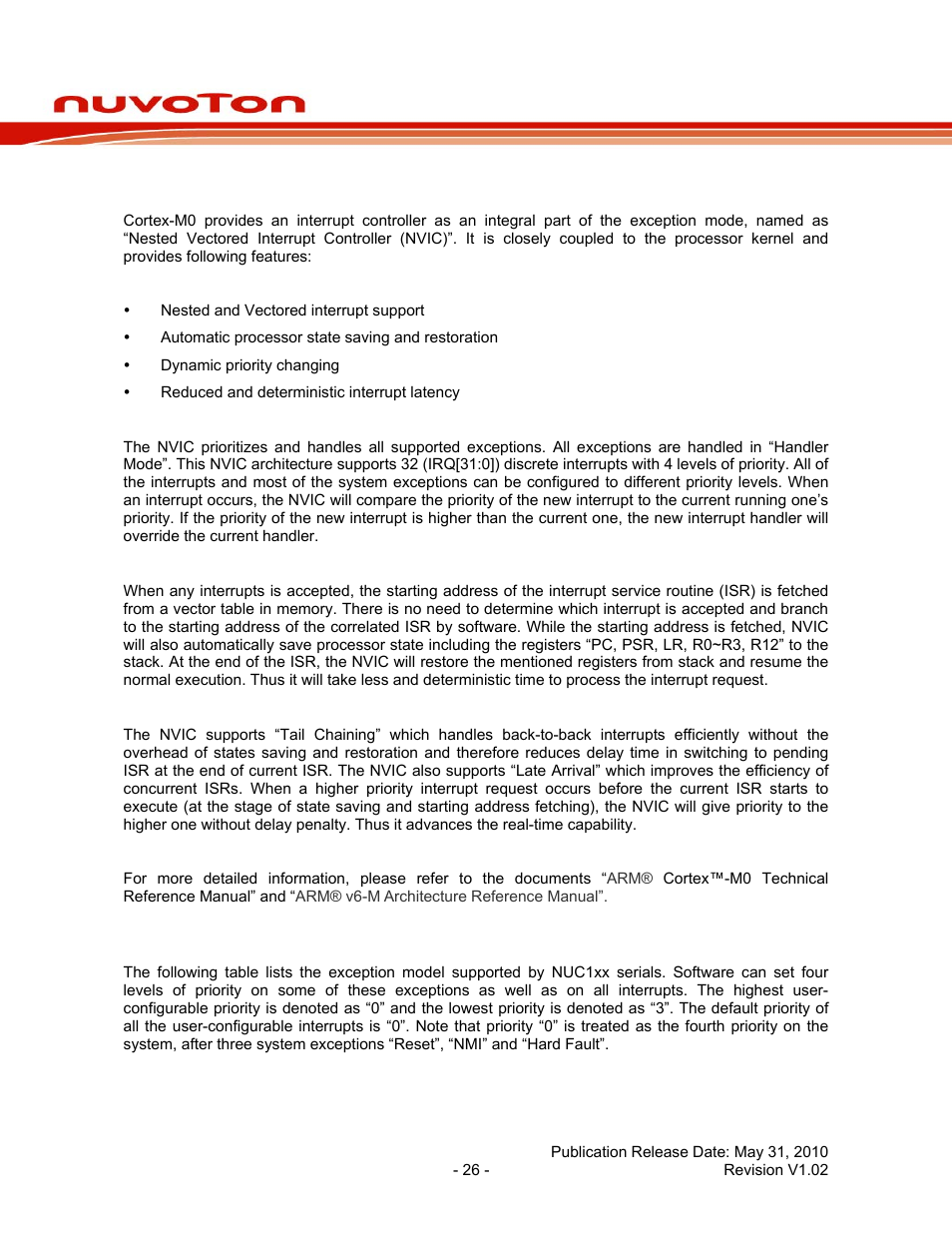 4 nested vectored interrupt controller (nvic), 1 exception model and system interrupt map, Nested vectored interrupt controller (nvic) | Nuc120 series data sheet | Rainbow Electronics NUC120 User Manual | Page 26 / 71