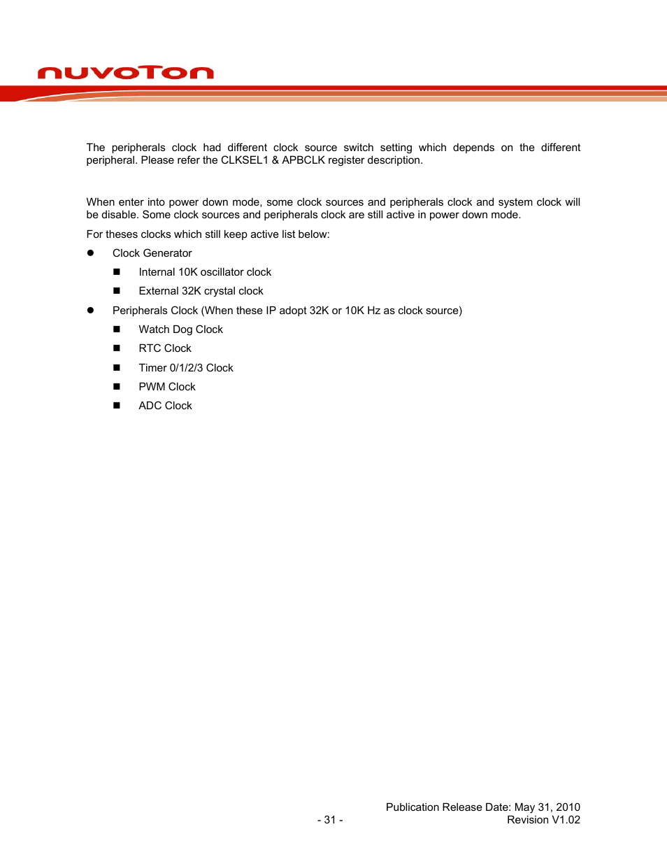 3 peripherals clock, 4 power down mode (deep sleep mode) clock, Peripherals clock | Power down mode (deep sleep mode) clock, Nuc120 series data sheet | Rainbow Electronics NUC120 User Manual | Page 31 / 71