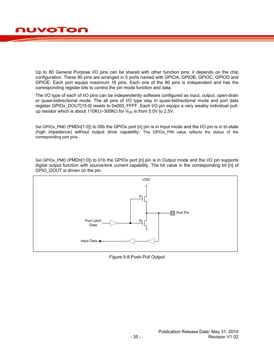 5 general purpose i/o, 1 overview and features, 1 input mode explanation | 2 output mode explanation, General purpose i/o, Overview and features, Nuc120 series data sheet | Rainbow Electronics NUC120 User Manual | Page 35 / 71