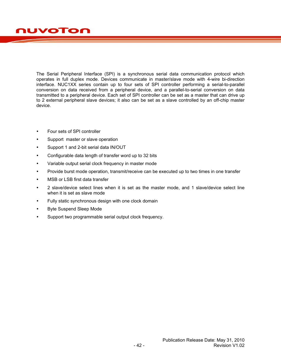 9 serial peripheral interface (spi) controller, 1 overview, 2 features | Serial peripheral interface (spi) controller, Overview, Features, Nuc120 series data sheet | Rainbow Electronics NUC120 User Manual | Page 42 / 71