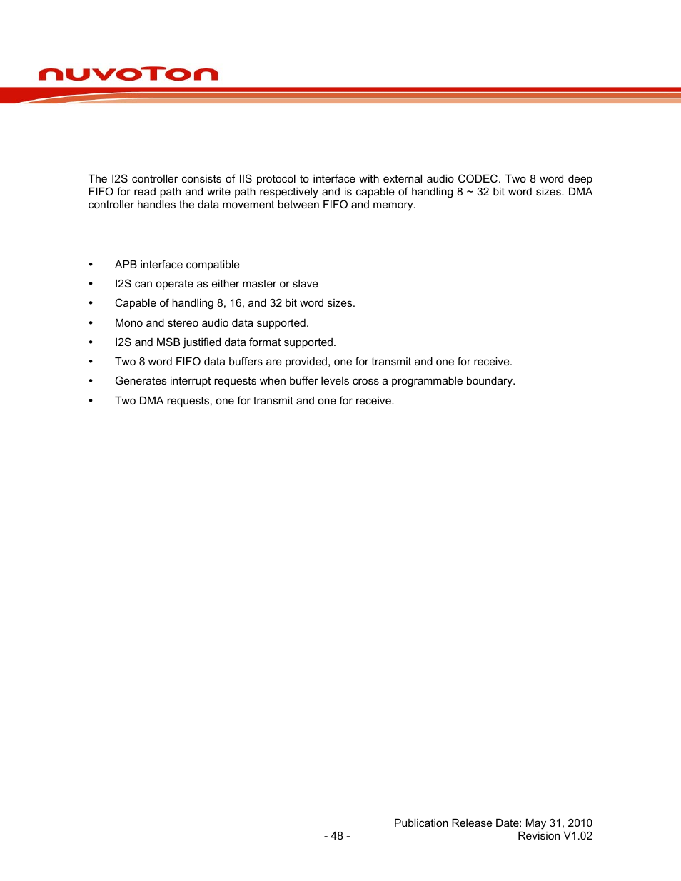 14 i2s controller, 1 overview, 2 features | I2s controller, Overview, Features, Nuc120 series data sheet | Rainbow Electronics NUC120 User Manual | Page 48 / 71