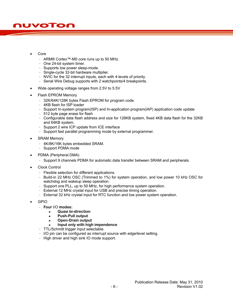 2 features, Features, Nuc120 series data sheet | Rainbow Electronics NUC120 User Manual | Page 6 / 71
