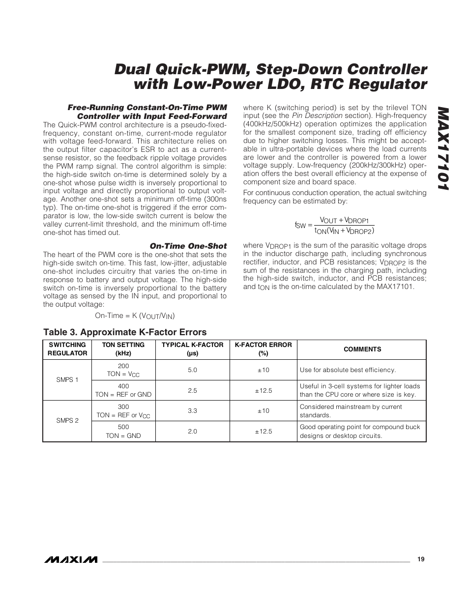 Table 3. approximate k-factor errors | Rainbow Electronics MAX17101 User Manual | Page 19 / 30