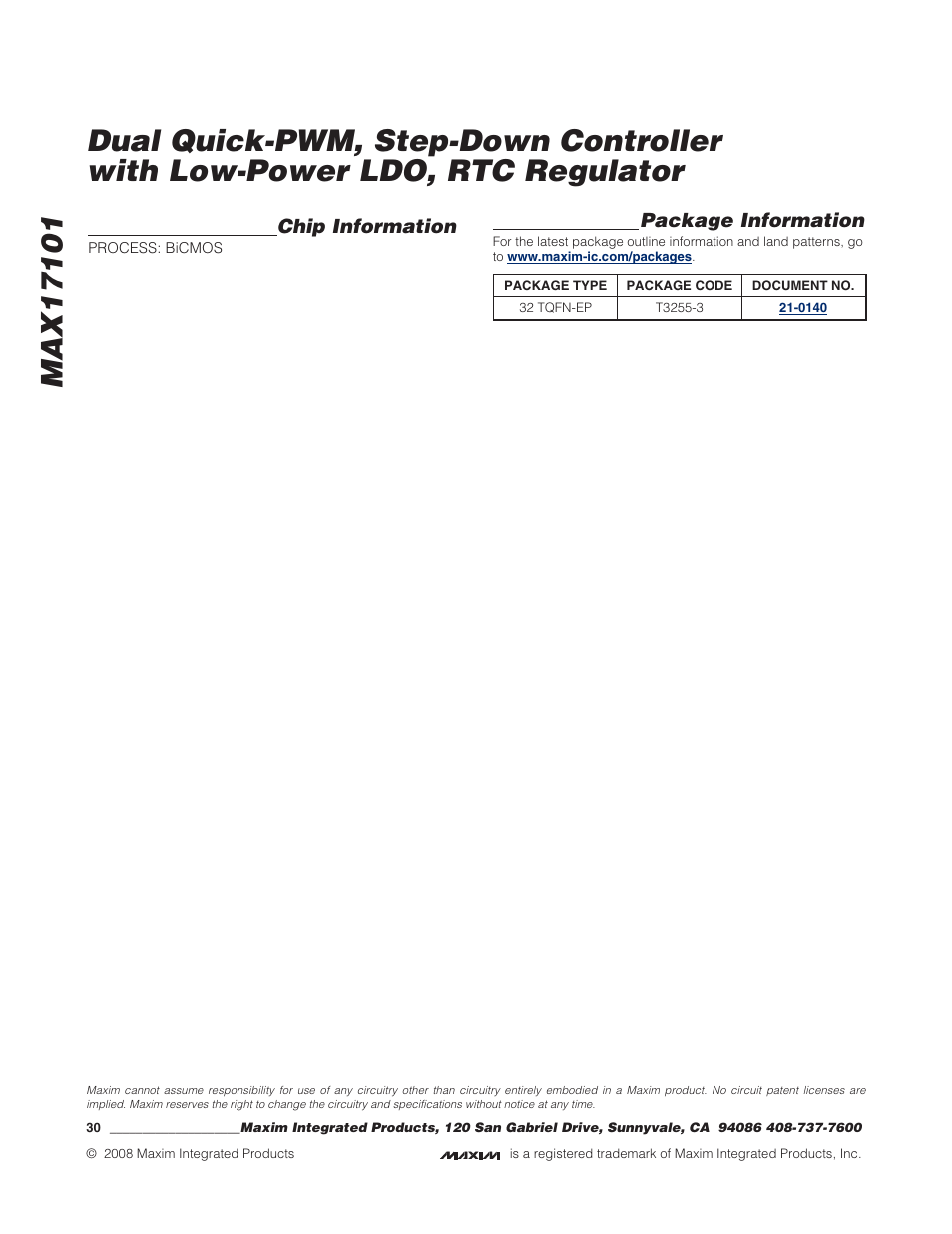 Package information, Chip information | Rainbow Electronics MAX17101 User Manual | Page 30 / 30