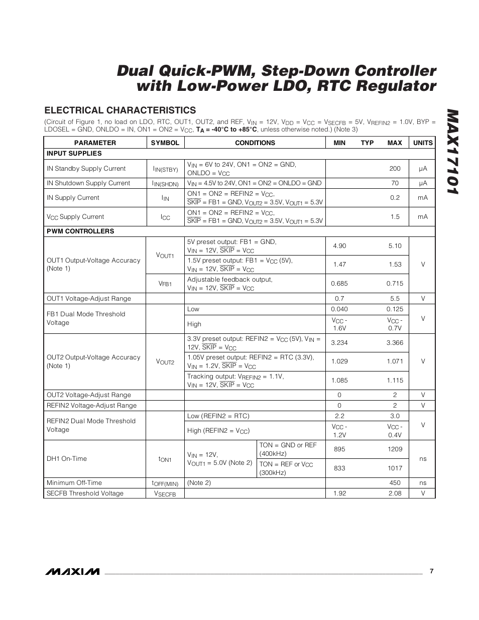Electrical characteristics | Rainbow Electronics MAX17101 User Manual | Page 7 / 30