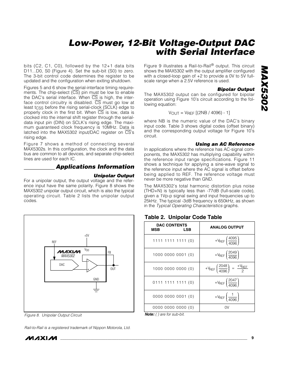 Applications information, Table 2. unipolar code table | Rainbow Electronics MAX5302 User Manual | Page 9 / 12