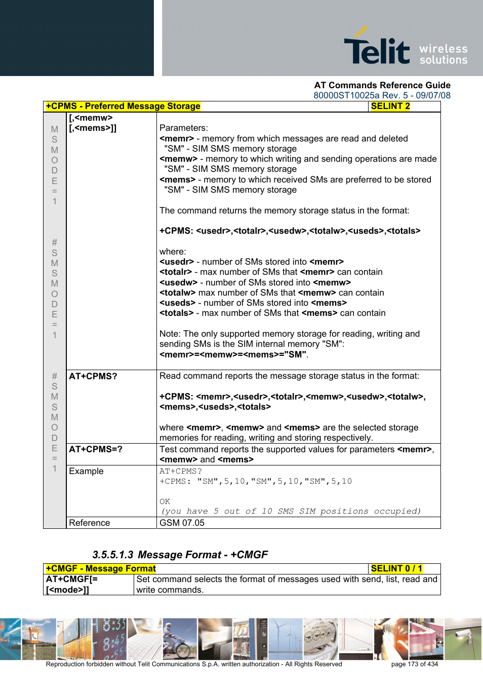 3 message format - +cmgf | Rainbow Electronics GM862-QUAD-PY User Manual | Page 173 / 434