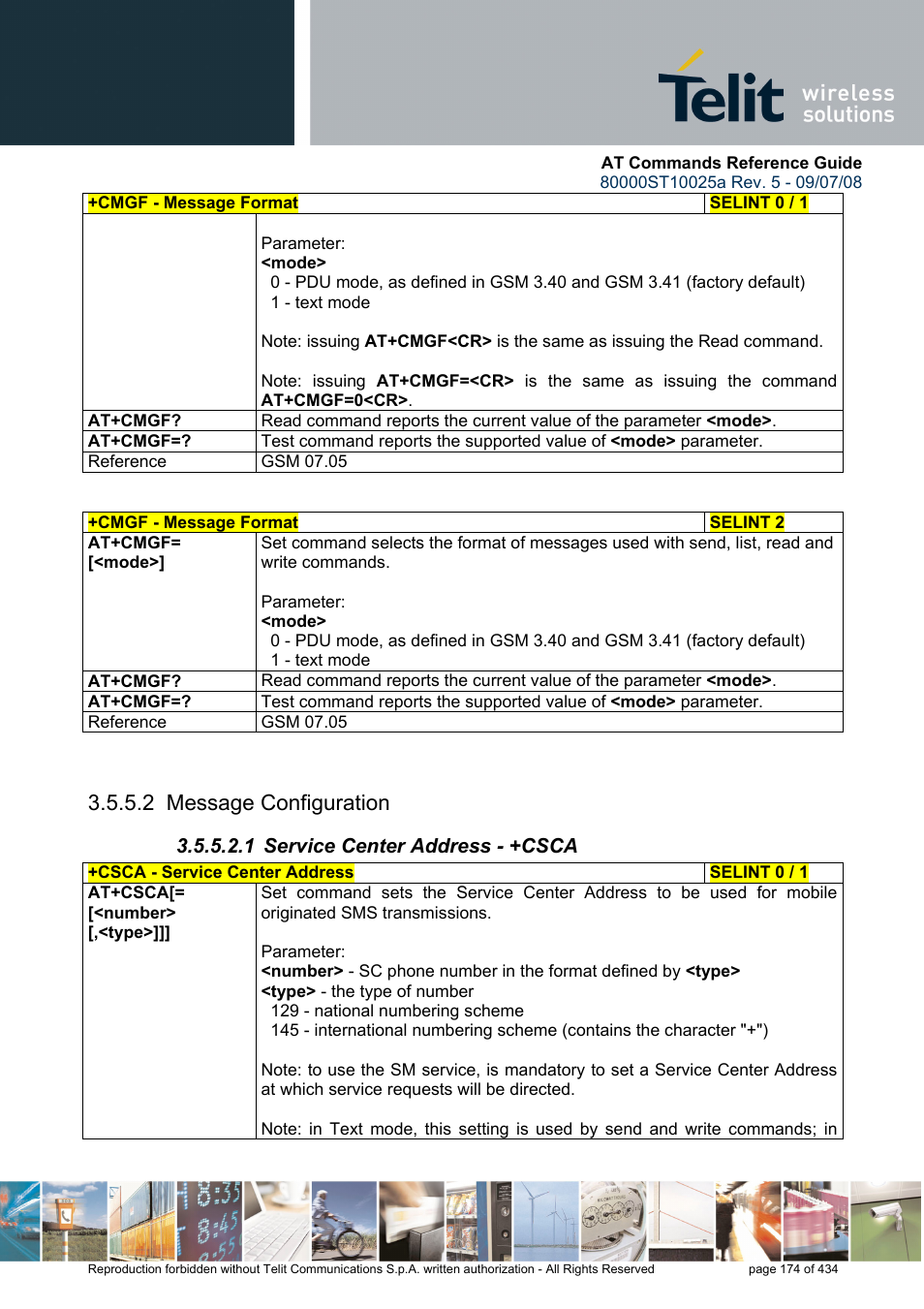 2 message configuration, 1 service center address - +csca | Rainbow Electronics GM862-QUAD-PY User Manual | Page 174 / 434