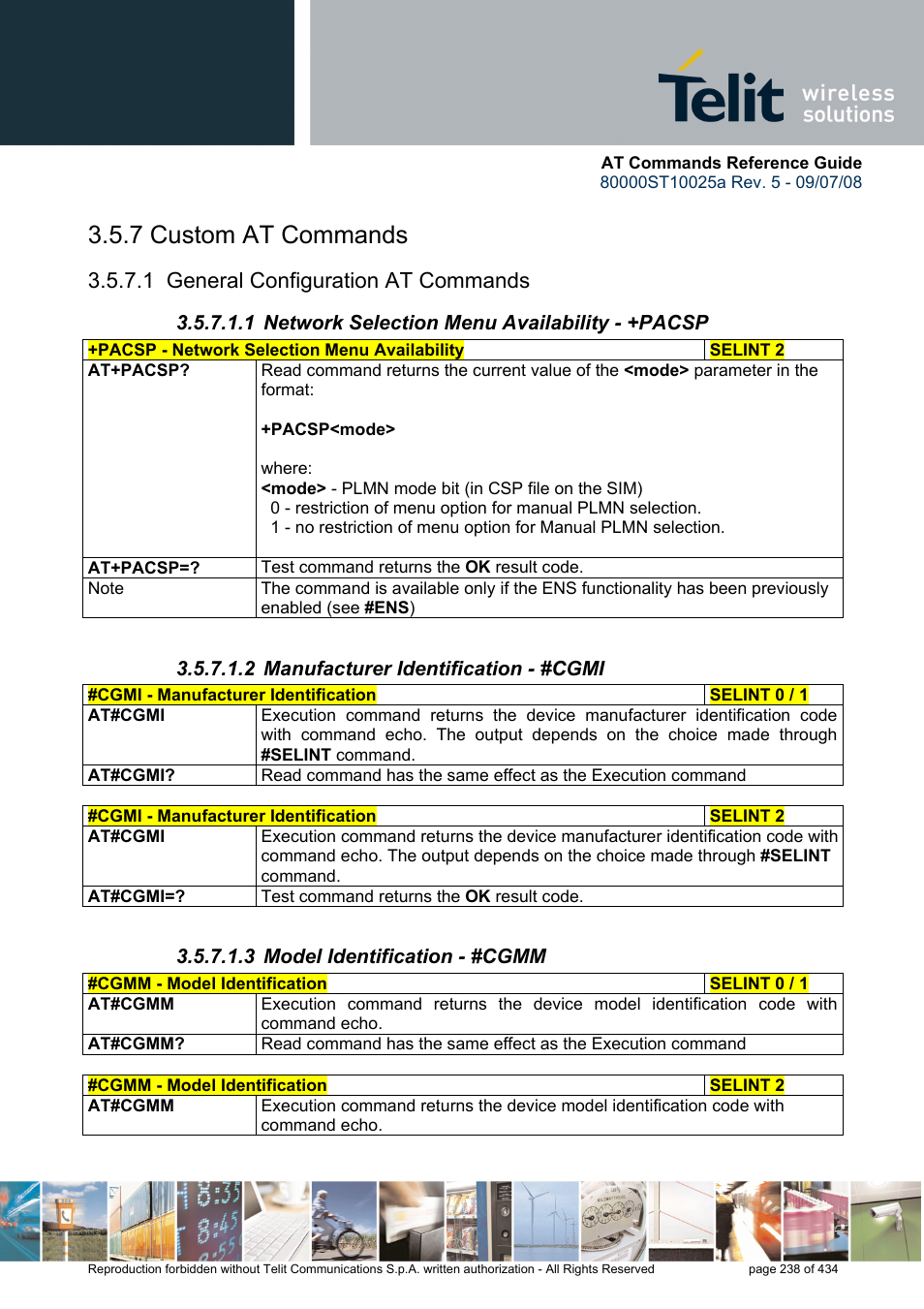 7 custom at commands, 1 general configuration at commands, 1 network selection menu availability - +pacsp | 2 manufacturer identification - #cgmi, 3 model identification - #cgmm | Rainbow Electronics GM862-QUAD-PY User Manual | Page 238 / 434