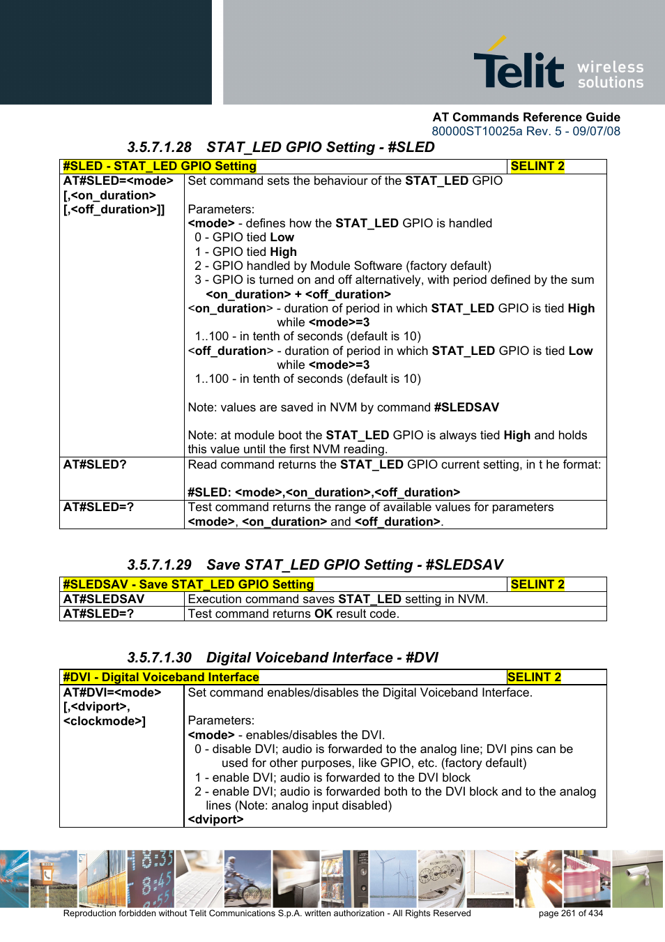 28 stat_led gpio setting - #sled, 29 save stat_led gpio setting - #sledsav, 30 digital voiceband interface - #dvi | Rainbow Electronics GM862-QUAD-PY User Manual | Page 261 / 434