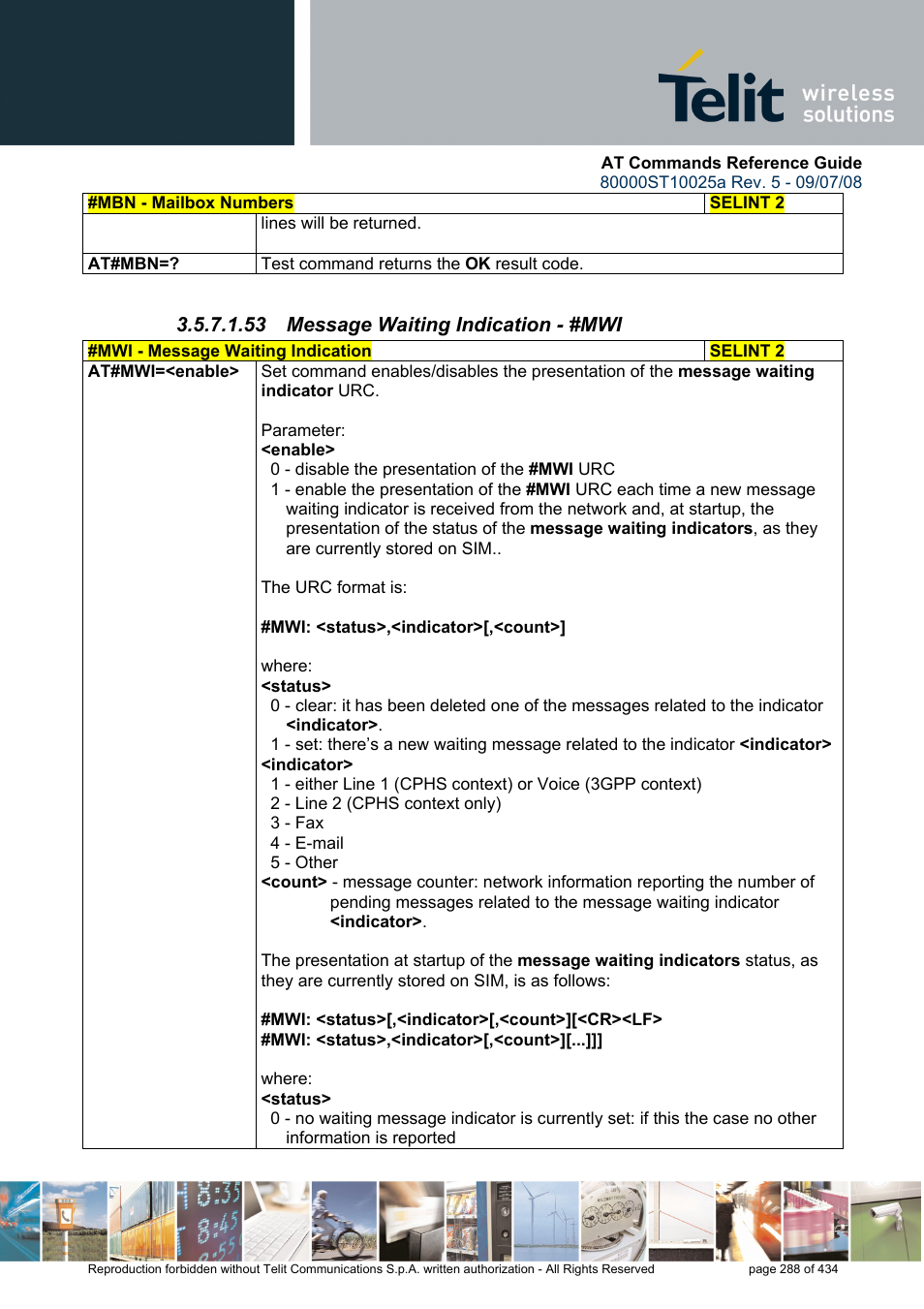 53 message waiting indication - #mwi | Rainbow Electronics GM862-QUAD-PY User Manual | Page 288 / 434