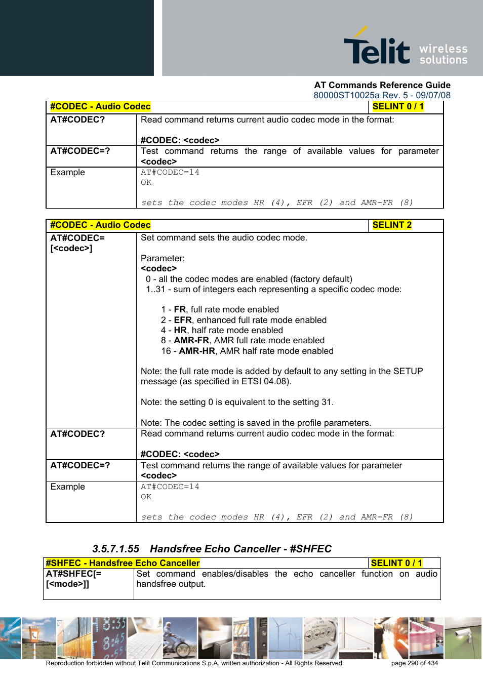 55 handsfree echo canceller - #shfec | Rainbow Electronics GM862-QUAD-PY User Manual | Page 290 / 434