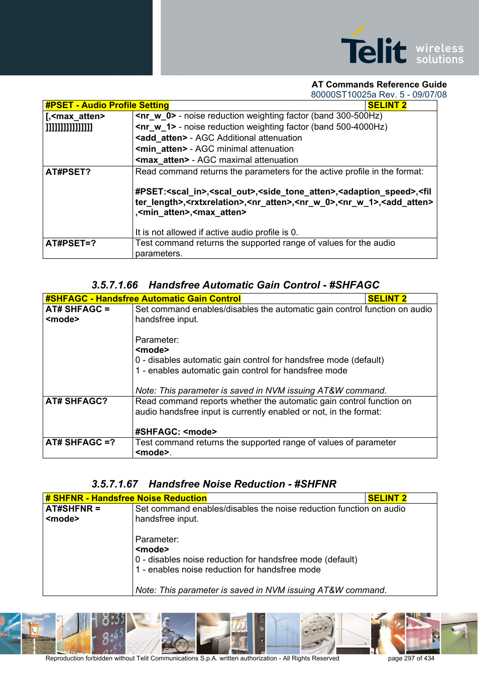 66 handsfree automatic gain control - #shfagc, 67 handsfree noise reduction - #shfnr | Rainbow Electronics GM862-QUAD-PY User Manual | Page 297 / 434