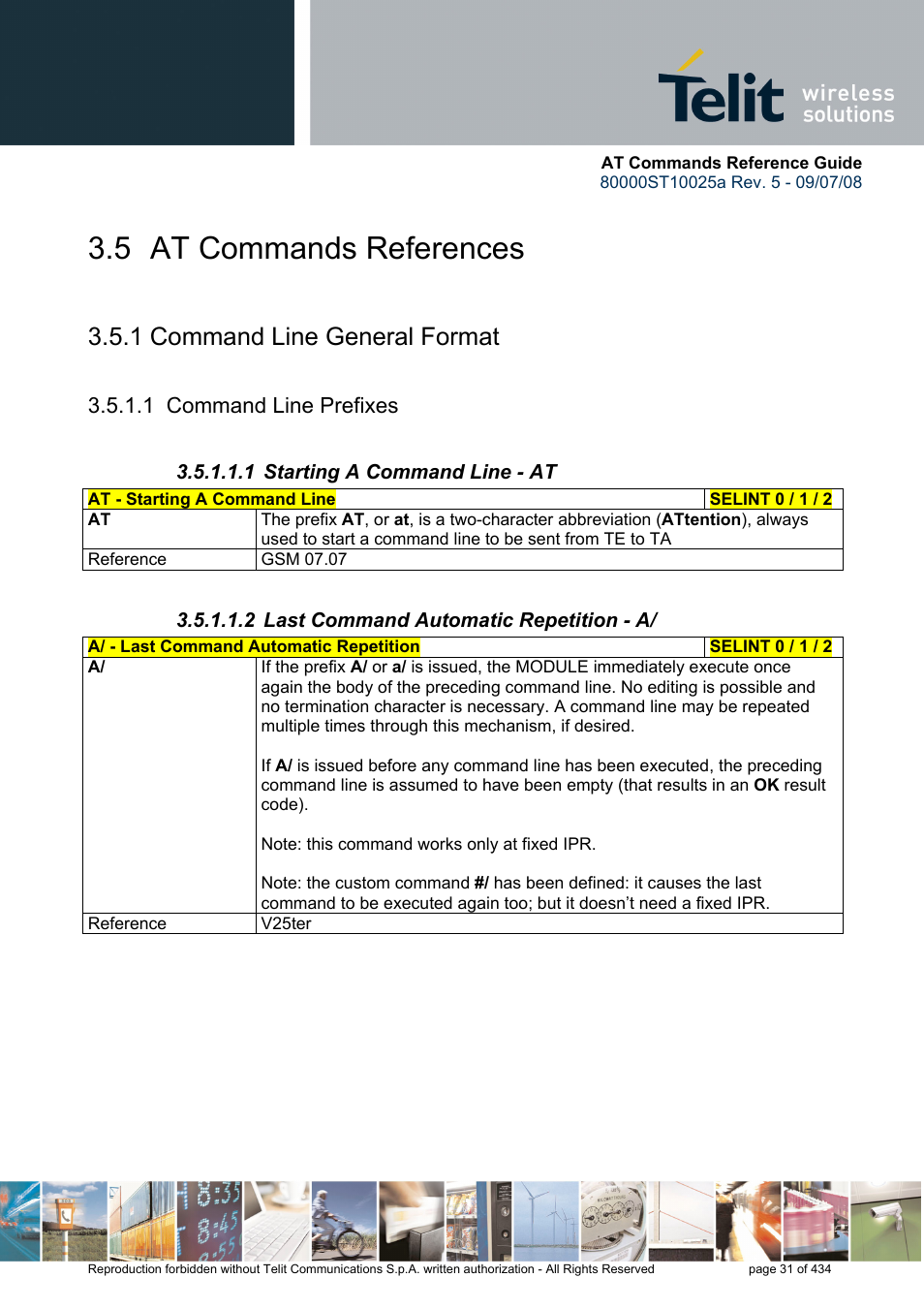 5 at commands references, 1 command line general format, 1 command line prefixes | 1 starting a command line - at, 2 last command automatic repetition - a | Rainbow Electronics GM862-QUAD-PY User Manual | Page 31 / 434