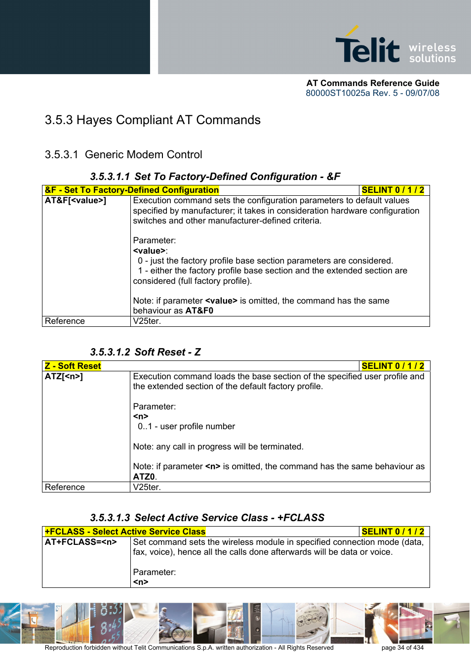 3 hayes compliant at commands, 1 generic modem control, 1 set to factory-defined configuration - &f | 2 soft reset - z, 3 select active service class - +fclass | Rainbow Electronics GM862-QUAD-PY User Manual | Page 34 / 434