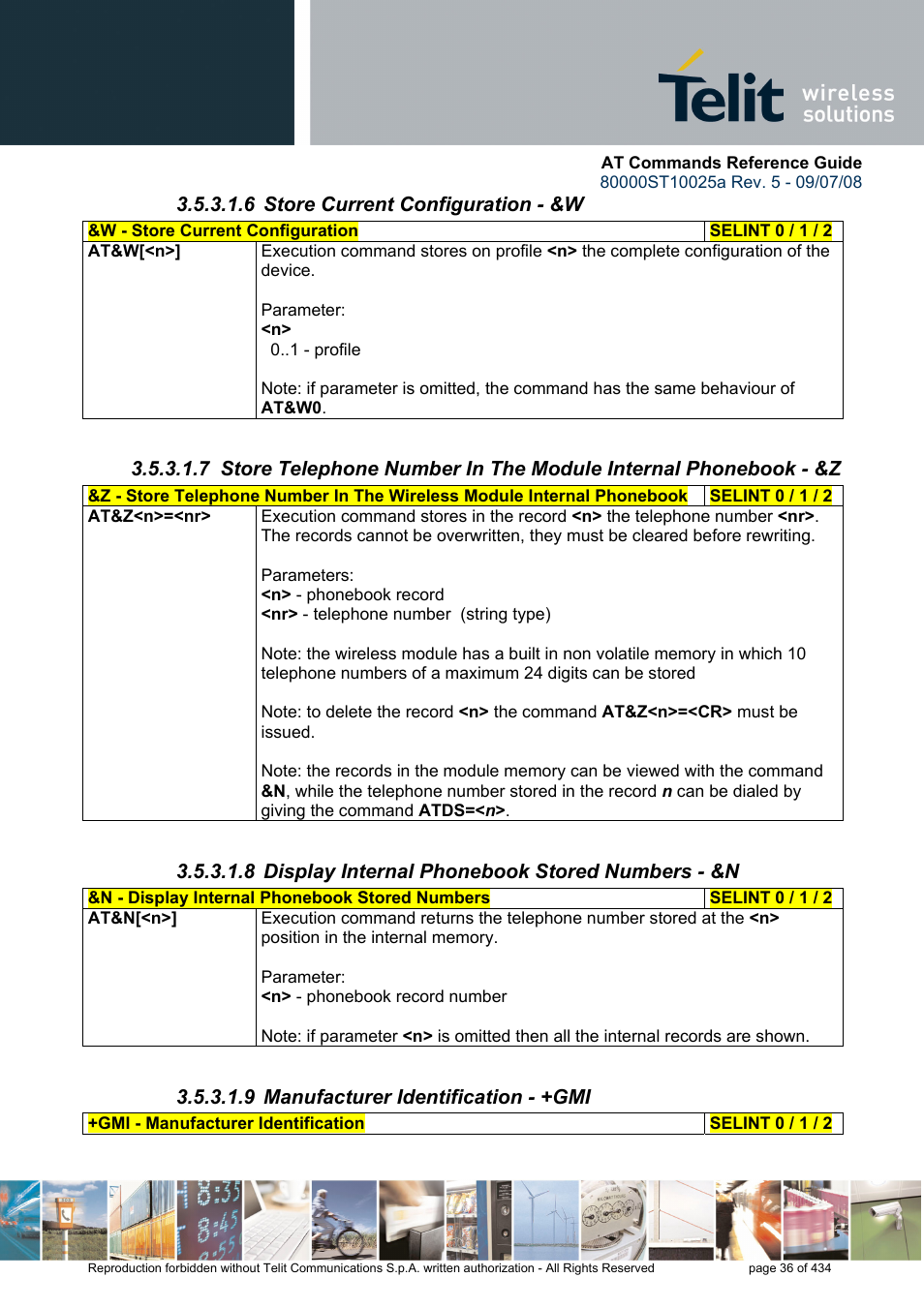 6 store current configuration - &w, 8 display internal phonebook stored numbers - &n, 9 manufacturer identification - +gmi | Rainbow Electronics GM862-QUAD-PY User Manual | Page 36 / 434