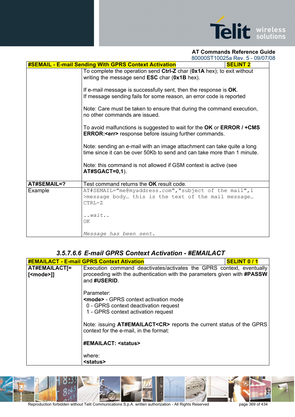 6 e-mail gprs context activation - #emailact | Rainbow Electronics GM862-QUAD-PY User Manual | Page 369 / 434