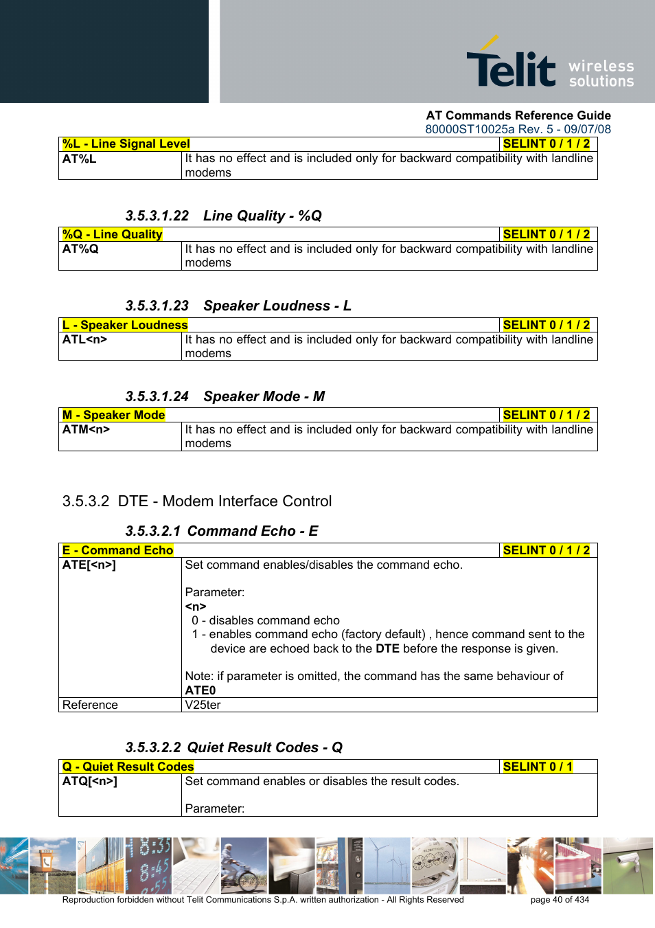 22 line quality - %q, 23 speaker loudness - l, 24 speaker mode - m | 2 dte - modem interface control, 1 command echo - e, 2 quiet result codes - q | Rainbow Electronics GM862-QUAD-PY User Manual | Page 40 / 434