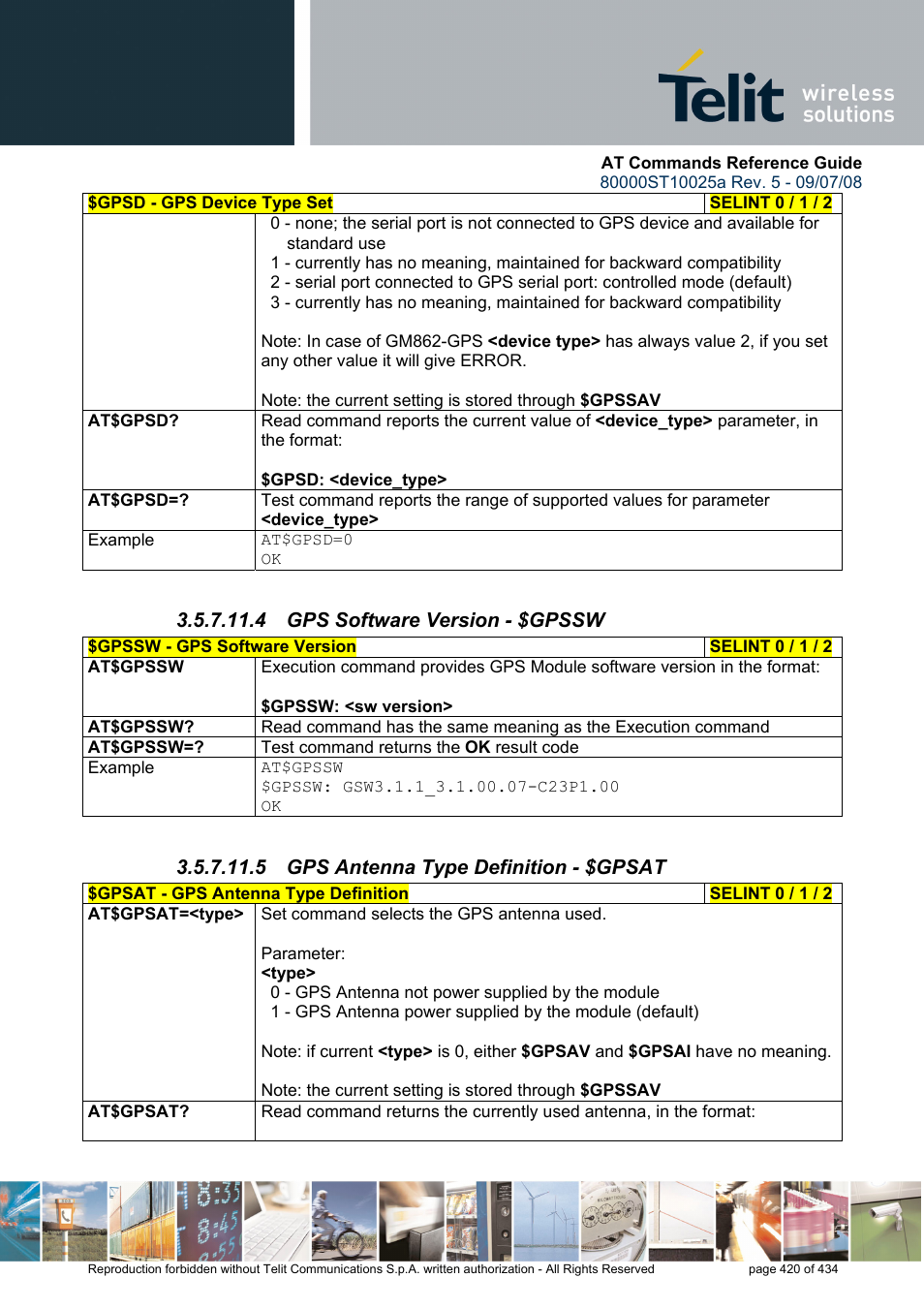 4 gps software version - $gpssw, 5 gps antenna type definition - $gpsat | Rainbow Electronics GM862-QUAD-PY User Manual | Page 420 / 434