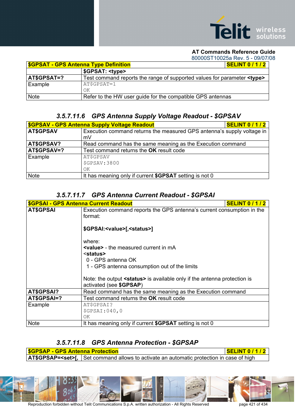 6 gps antenna supply voltage readout - $gpsav, 7 gps antenna current readout - $gpsai, 8 gps antenna protection - $gpsap | Rainbow Electronics GM862-QUAD-PY User Manual | Page 421 / 434